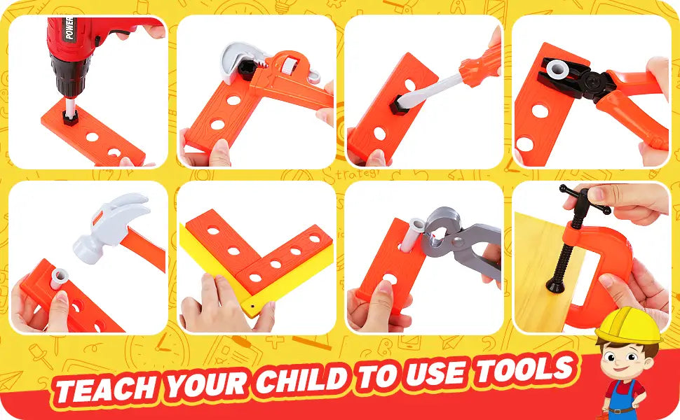 ensemble de jouets en plastique pour enfants orange d’outil avec perceuse électrique et établi, présentant des accents rouges et jaunes pour un jeu imaginatif