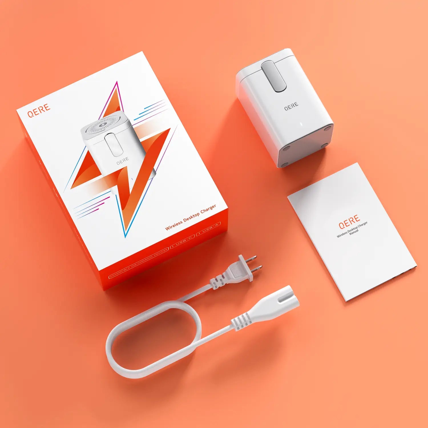Weiße QERE magnetische Wireless-Lade station 65 W mit schlanker rechteckiger Ausführung und einem silberfarbenen Akzentknopf.