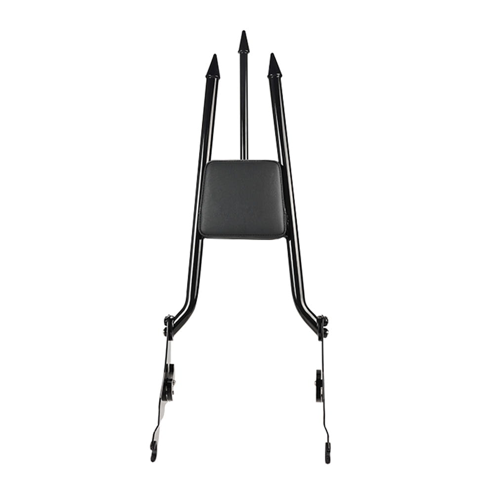 Black metal detachable passenger backrest with padded seat and pointed uprights shown from the back side for Harley Touring 2009-2025.