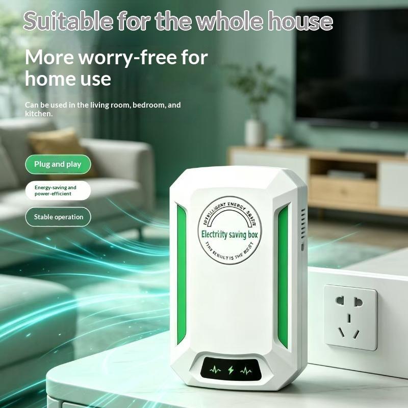Stromsparbox für intelligente Energieeinsparung für das Zuhause in Weiß und Grün mit einem runden Aufdruck „Intelligent energy saver“ auf der Vorderseite.