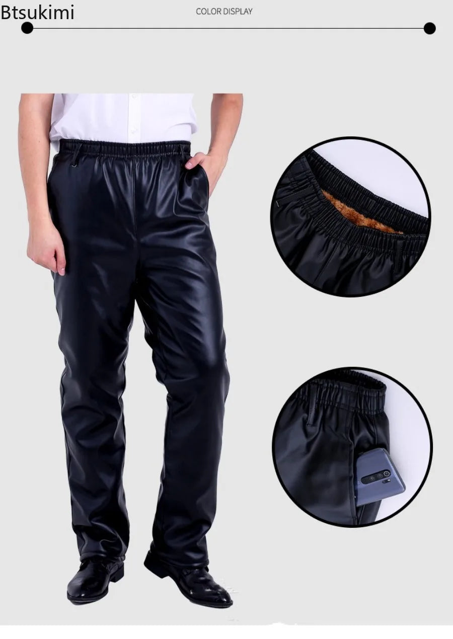 New Men's Leather Pants Business Casual PU Leather Trousers Autumn Winter Outdoor Thicken Warm Windproof Motorcycle Riding Pants