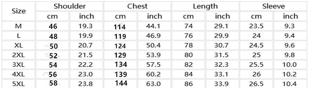 Size chart displaying measurements in centimeters and inches for men linen short sleeve shirt double pocket casual summer available in sizes m to 5xl.