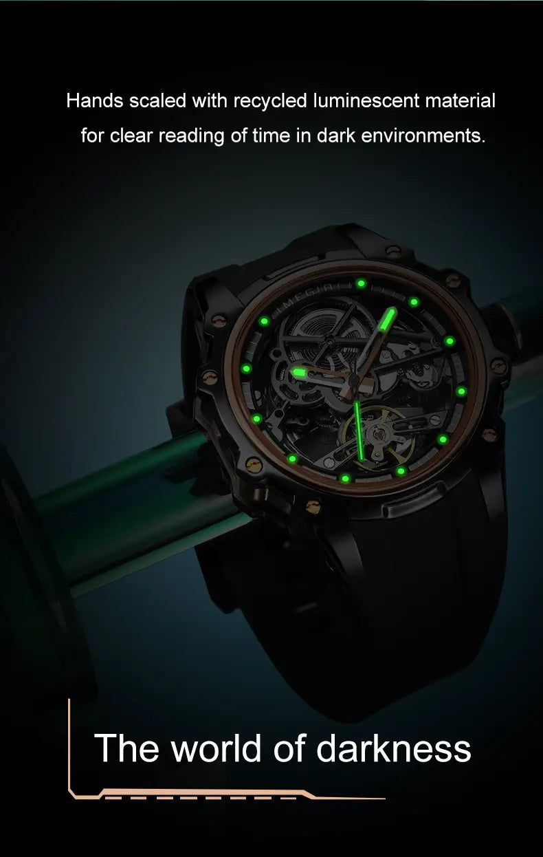 Megir automatic skeleton watch with black case white silicone strap and glowing green recycled luminescent hands for visibility in the dark.