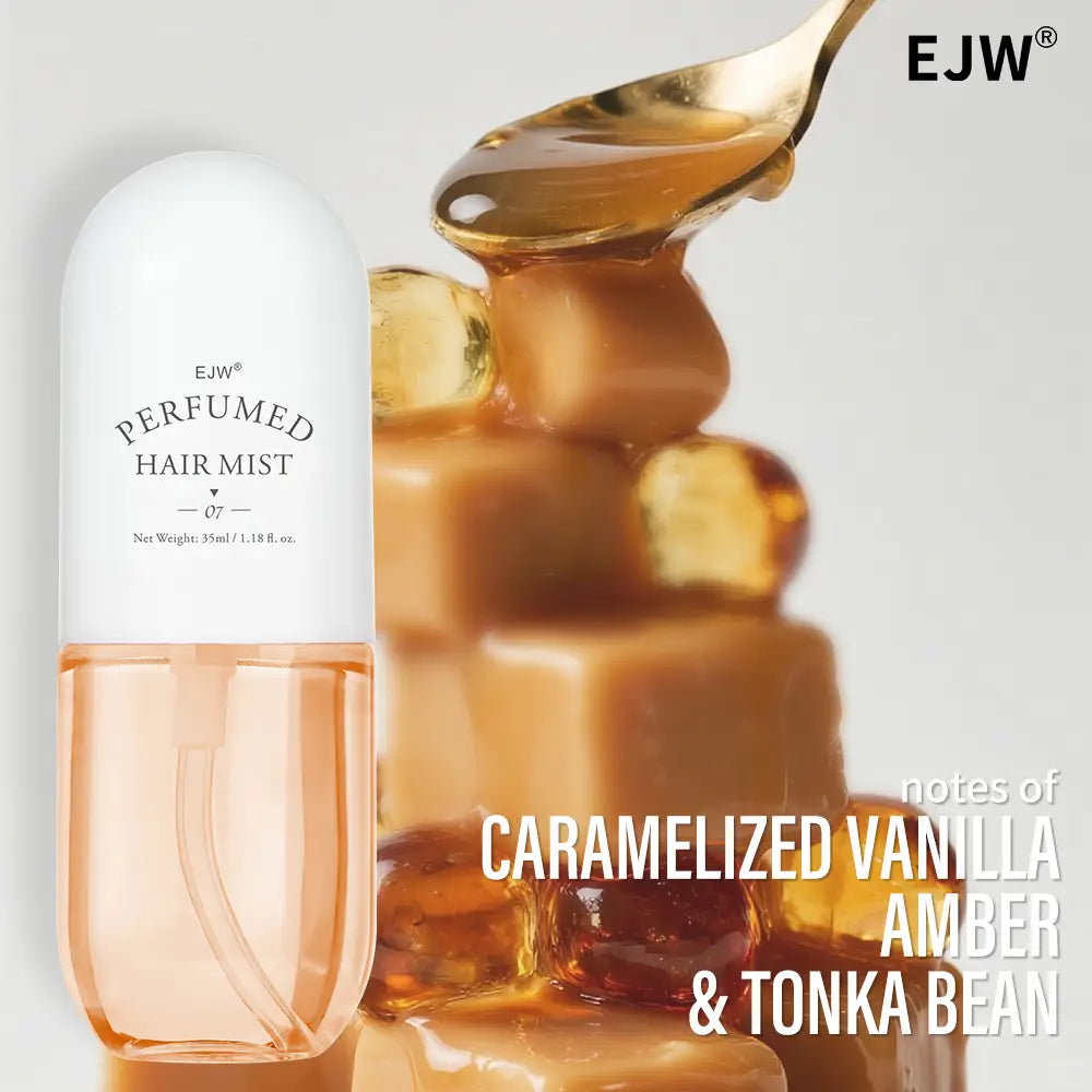 Elegant white and amber glass bottle of Ejw perfumed hair mist and essential oil spray model 07 with a sleek cap.