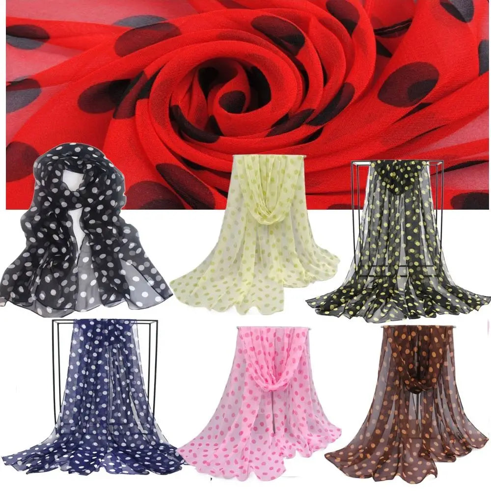 A collection of sheer lightweight polka dot silk head wrap scarves in various colors.