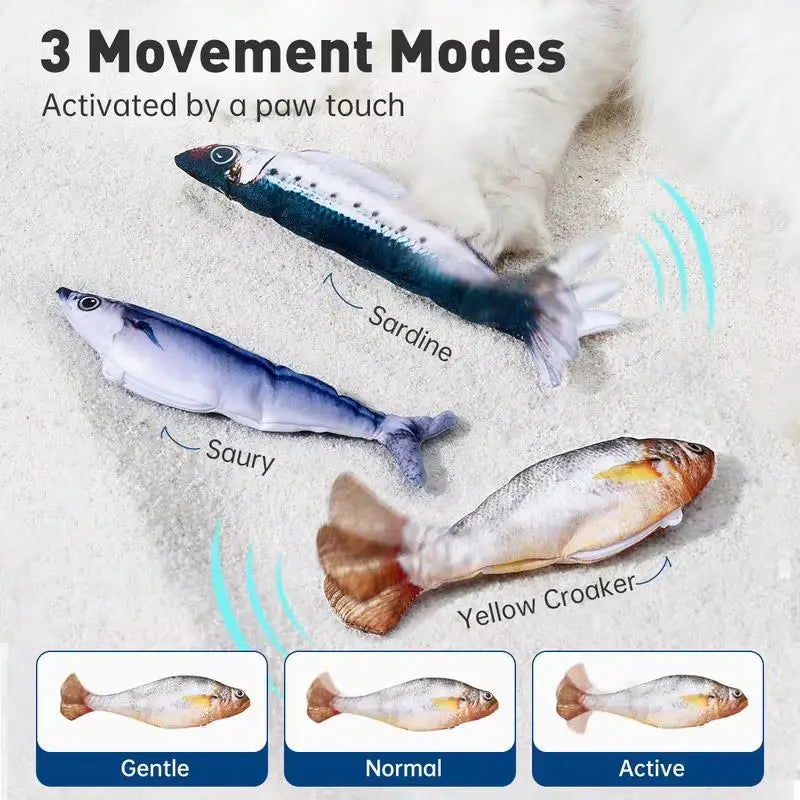 いわし、サンマ、キイロハタを含む3匹のぬいぐるみの魚玩具。独自の色柄と質感を備え、スマートデバイスでの電気的な相互作用を楽しむために設計された、ファンフィッシュデザインのキャットトイ。