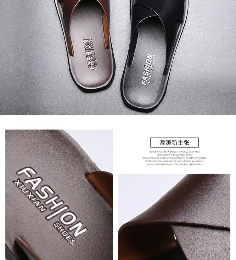 Herren-Echtleder-Slipper in Braun mit schlankem, minimalistischem Design und kontrastierenden schwarzen Sohlen.