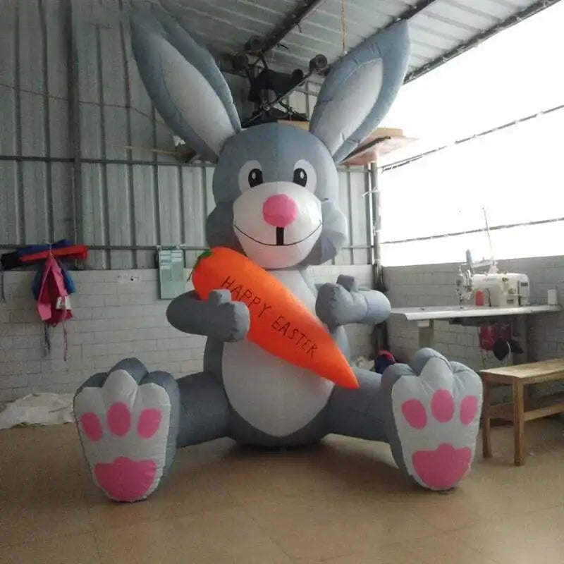 Easter Blue Bunny Holding Carrot, Iatable Cartoon Rabbit With Blower For Holiday Event Doorway, Party Decoration