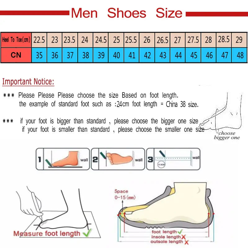Tableau des tailles des mocassins blancs en cuir verni à enfiler, indiquant des mesures talon à pointe en centimètres, avec des tailles chinoises correspondantes, ainsi que des diagrammes illustrés pour mesurer avec précision le pied.