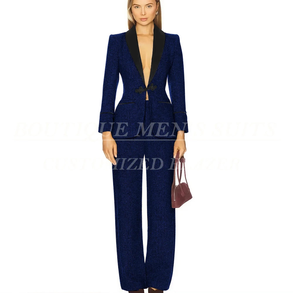 Formal Women's Suits Tweed Single Button Shawl Lapel Slim Fit 2 Piece Jacket Pants Luxury Office Lady Female Clothing Outfits