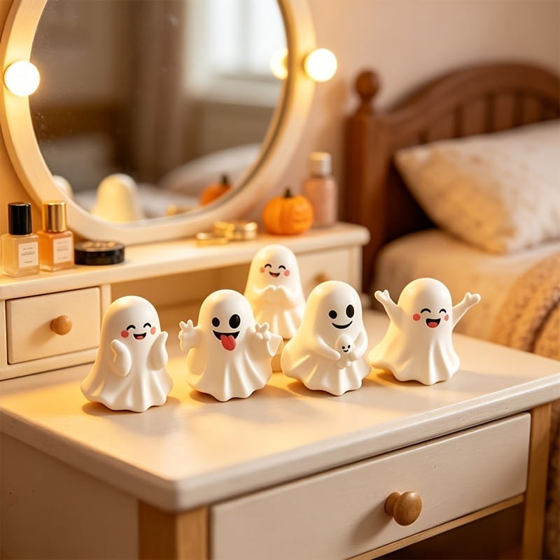 ハロウィンの装飾用の、陽気なカートゥーン風の表情と遊び心のあるポーズが特徴の白い陶器製ゴースト置物セットです。