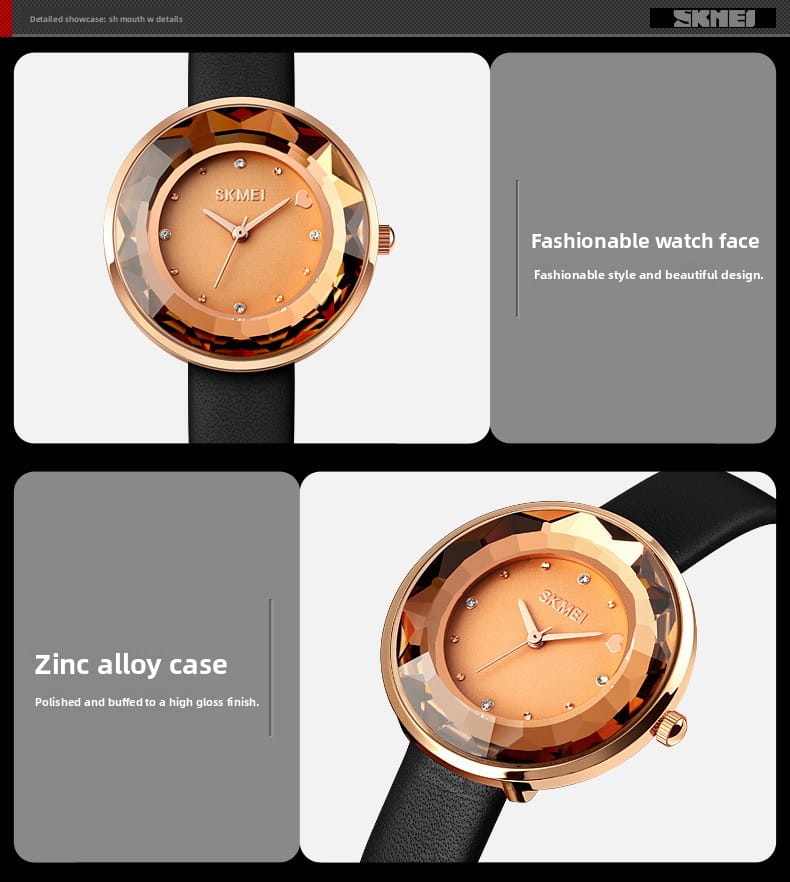 Rose gold-toned Skmei floral quartz watch with faceted crystal-like bezel diamond-shaped hour markers and black leather strap in gift box