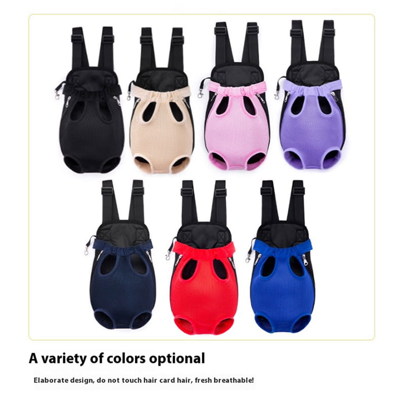 una variedad de mochilas transportadoras para perros de colores con correas negras y tejido de malla, con aperturas frontales de malla ajustables para mascotas pequeñas.