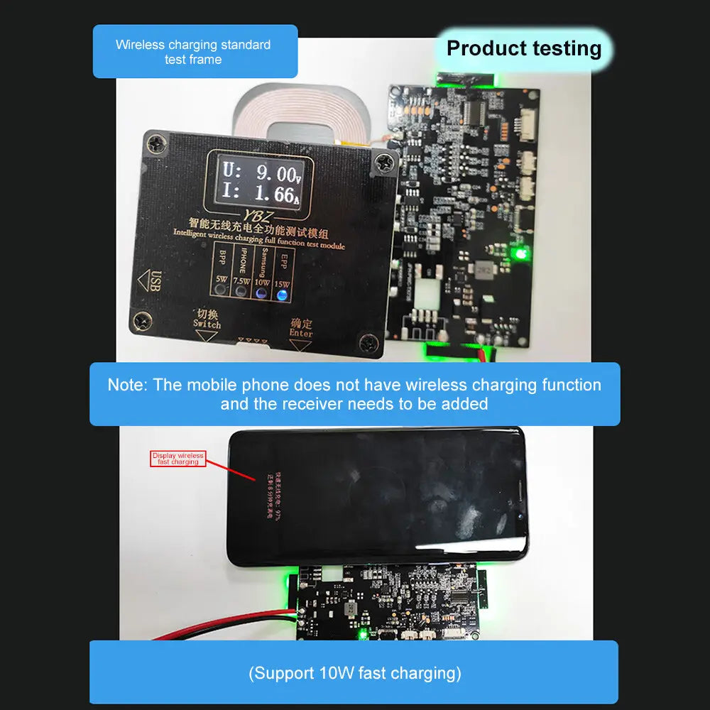 Módulo transmisor de carga inalámbrica negro de 20 W con pantalla digital y componentes de placa de circuito para uso en cargador inalámbrico de carga rápida de 20 W