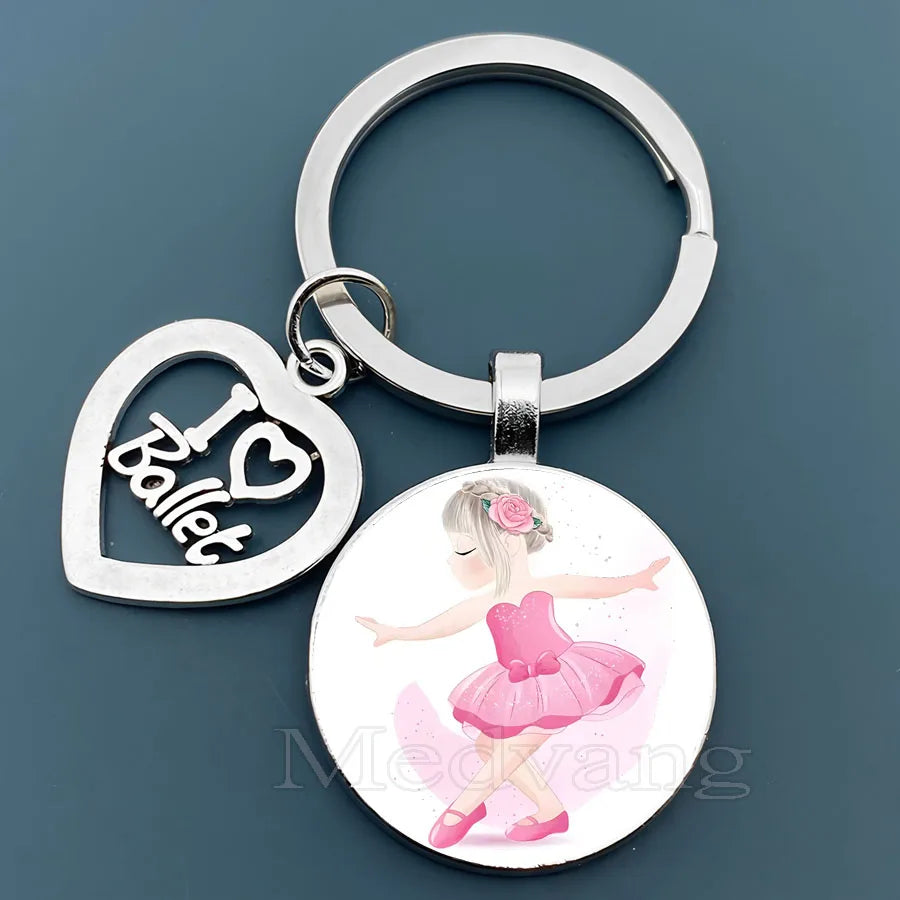 I Love Ballet Keychains Cute Cartoon ballet Dancers Glass Dome Key Ring Dance Activities Ballet Studios Gift Wholesale
