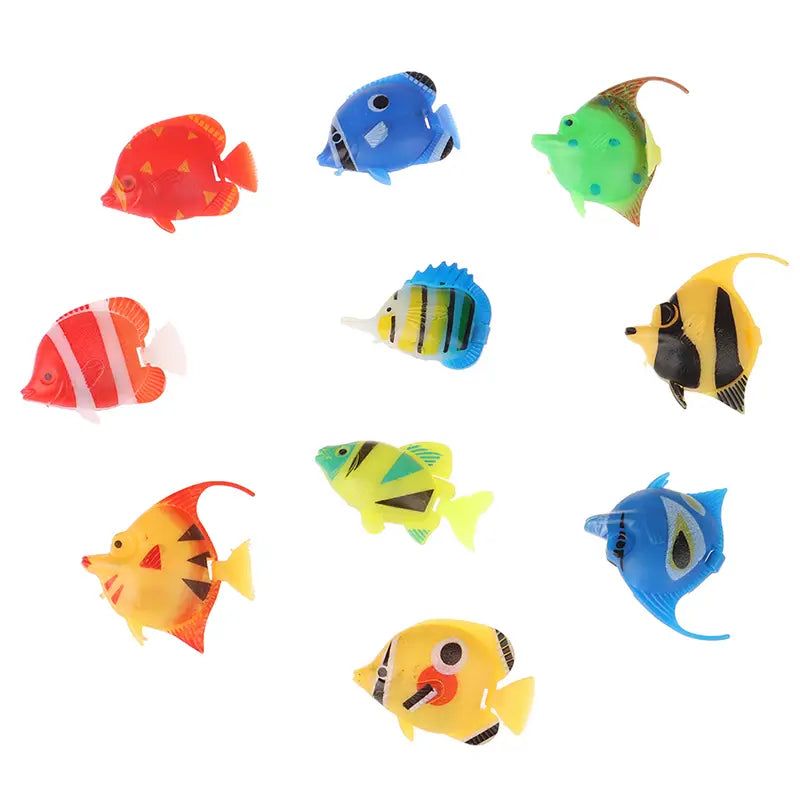 a set of colorful plastic floating fish aquarium fish figurines in vibrant hues and patterns for aquarium decors 10 pack