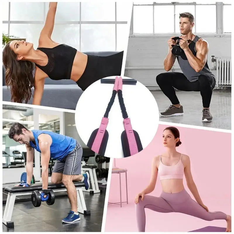 équipement de fitness avec bande de résistance pour pédales, comprenant des poignées rembourrées rose et noir sur les poignées de la bande de résistance, pour un usage confortable lors de l’exercice