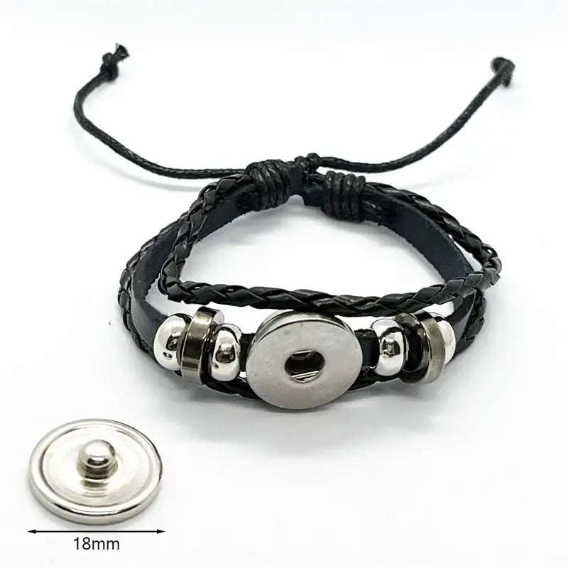 Black braided leather Beatles bracelet with silver-toned snap buttons and metallic beads from glass dome jewelry.