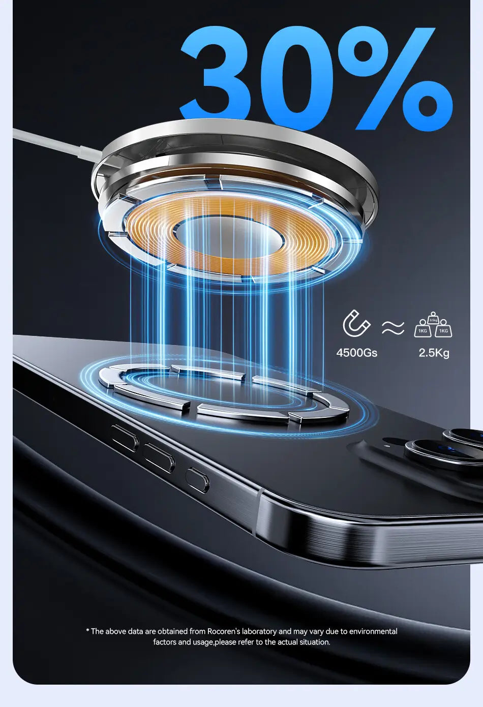 Un cargador inalámbrico metálico circular elegante con luz azul incandescente y capacidades de carga rápida para iPhone.