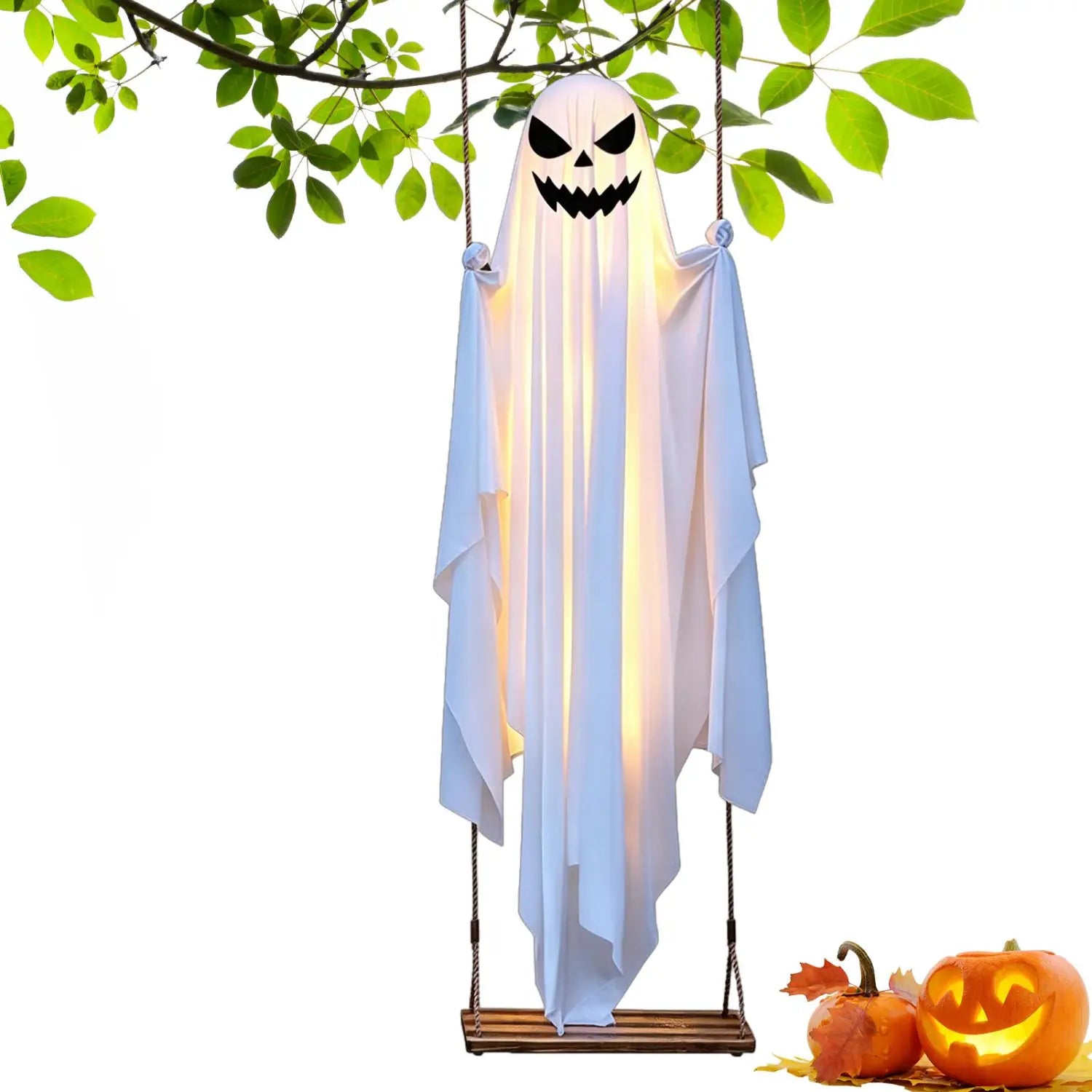 Una decoración de columpio de árbol con fantasma colgante blanco y brillante, con ojos y boca bordados en negro, que cuelga de un columpio de árbol para Halloween de 47 pulgadas.