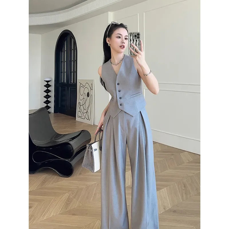Women's Sleeveless Vest Wide-Leg Pants Set - Formal Office Work Two-Piece Suit