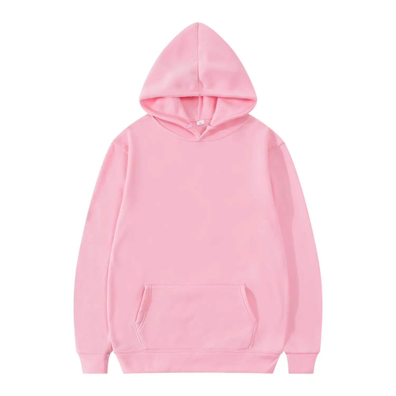 Sudadera con capucha informal para hombre color rosa suave, con bolsillo canguro frontal y puños acanalados.