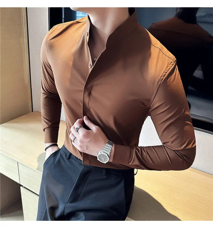 men dress shirts slim fit stand collar formal shirt in brown featuring a sleek long-sleeved design with a modern mandarin collar and subtle button detailing for a correct size and polished appearance