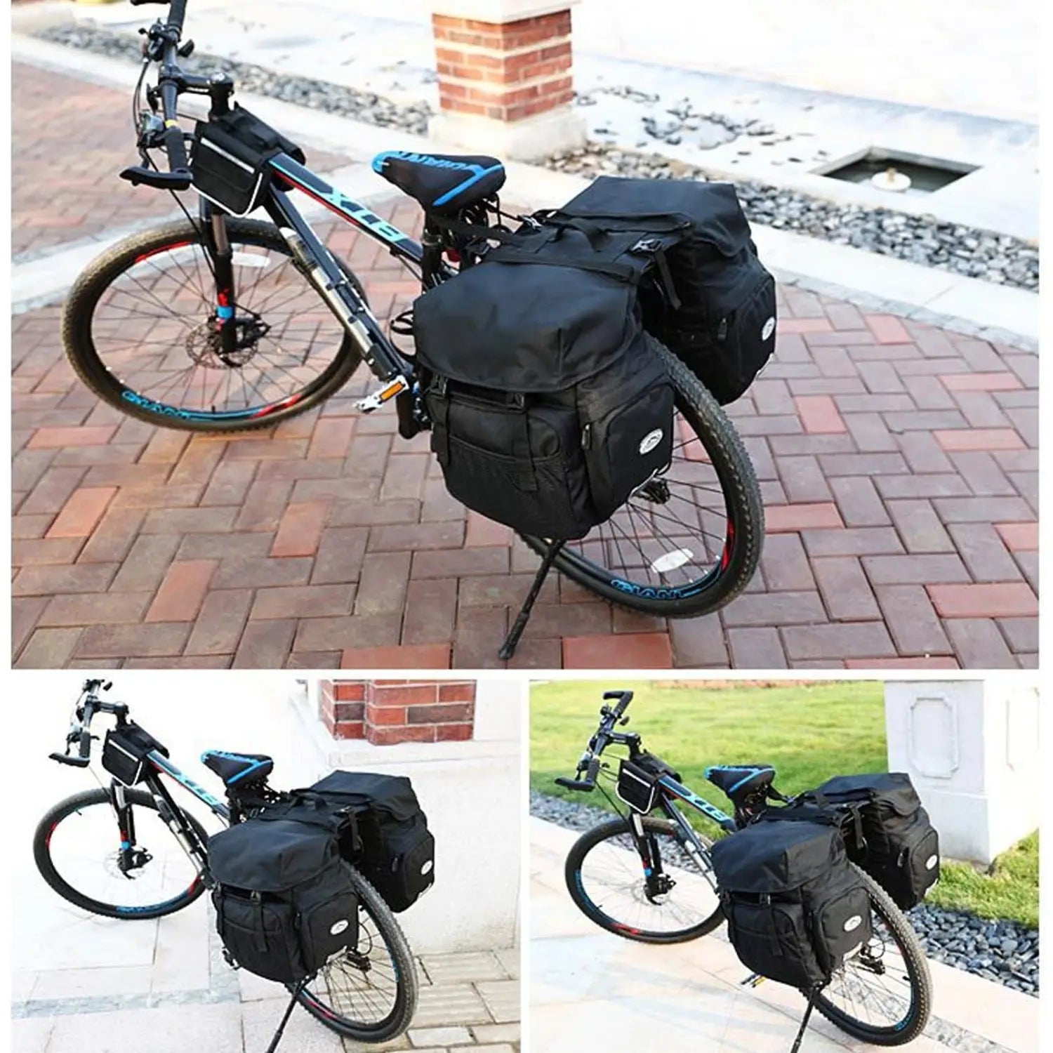 Schwarze Ztz 50l wasserfeste Doppelfahrradtasche mit mehreren Fächern und verstärkter Naht, ausgelegt für eine sichere Aufbewahrung an Fahrradgepäckträgern oder Lenkerhalterungen.