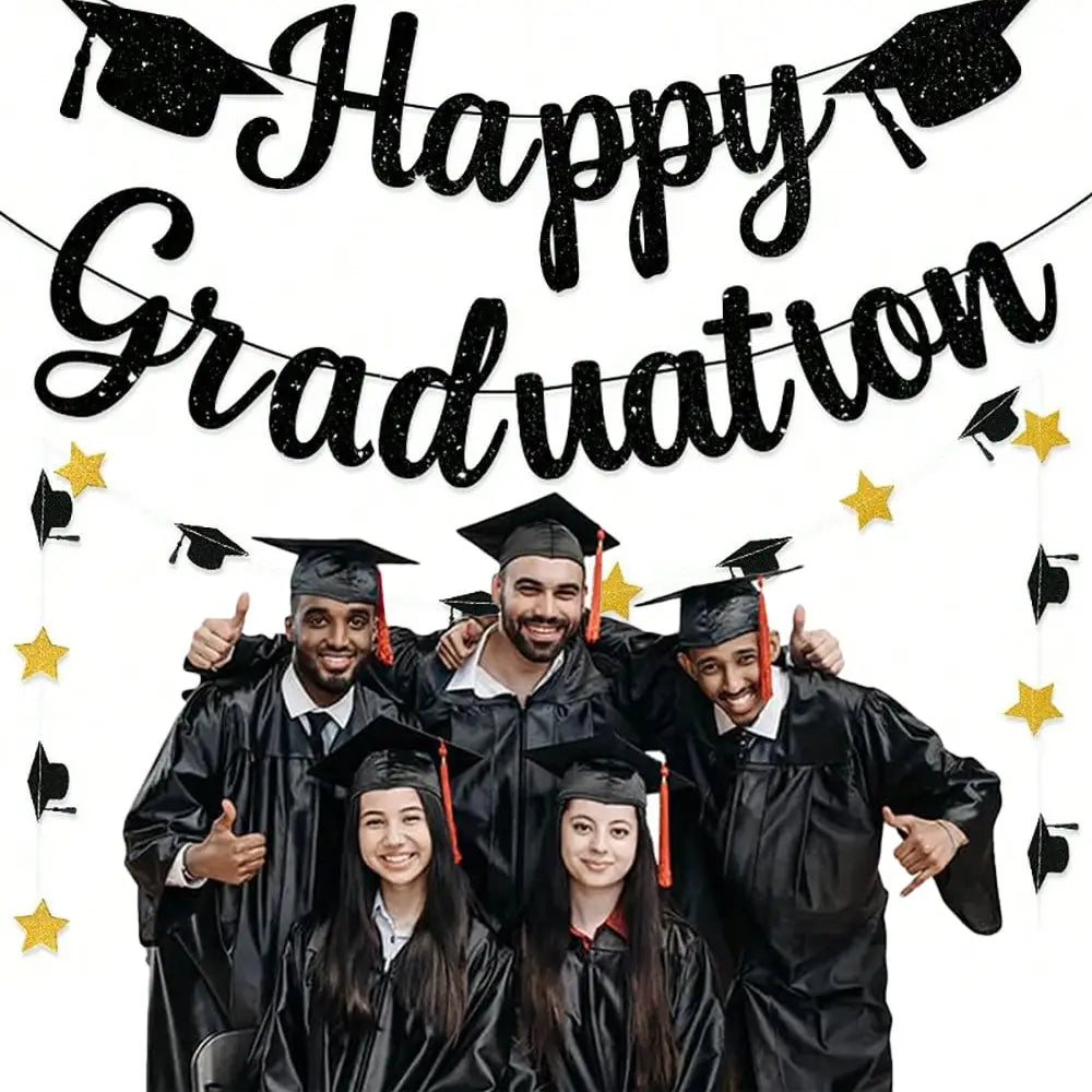 Black gold happy graduation banner featuring black glittery lettering with graduation caps and gold stars for celebratory decoration.