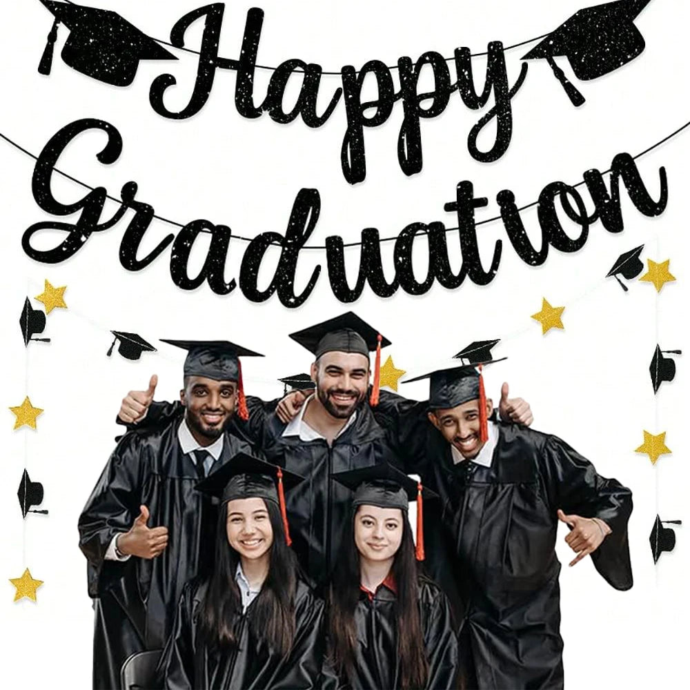 Happy Graduation Banner Black Gold Glitter with Grad Caps Decoration for Graduation Party Supplies