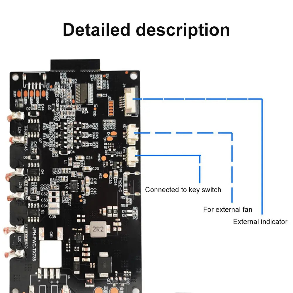 Placa de control electrónica rectangular negra con diversos componentes y puntos de conexión rotulados para un módulo transmisor de carga inalámbrica de 20 W de carga rápida, para cargador inalámbrico