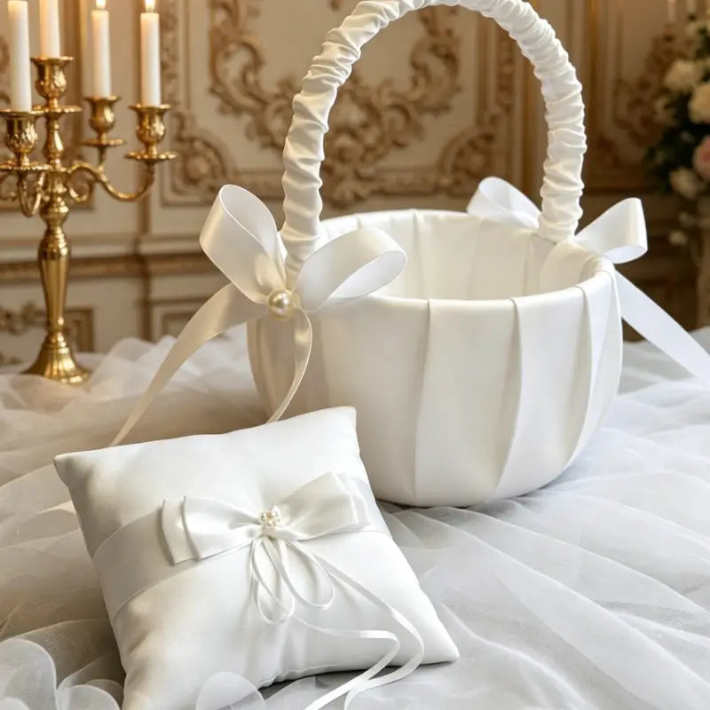 white satin wedding flower basket with ribbed handles and matching ribbon bows for holding rings and flowers