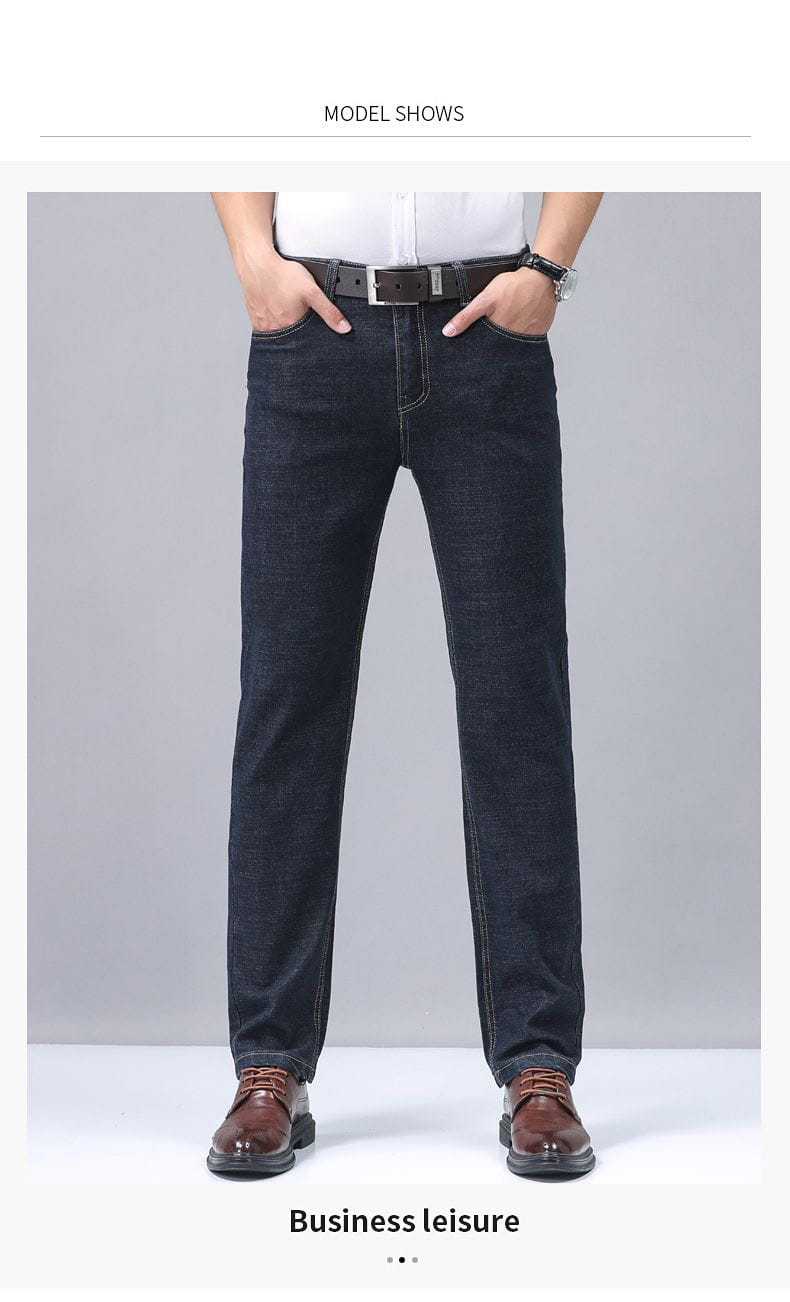 Men’s dark blue stretch cotton straight jeans with a casual style and classic stitching.