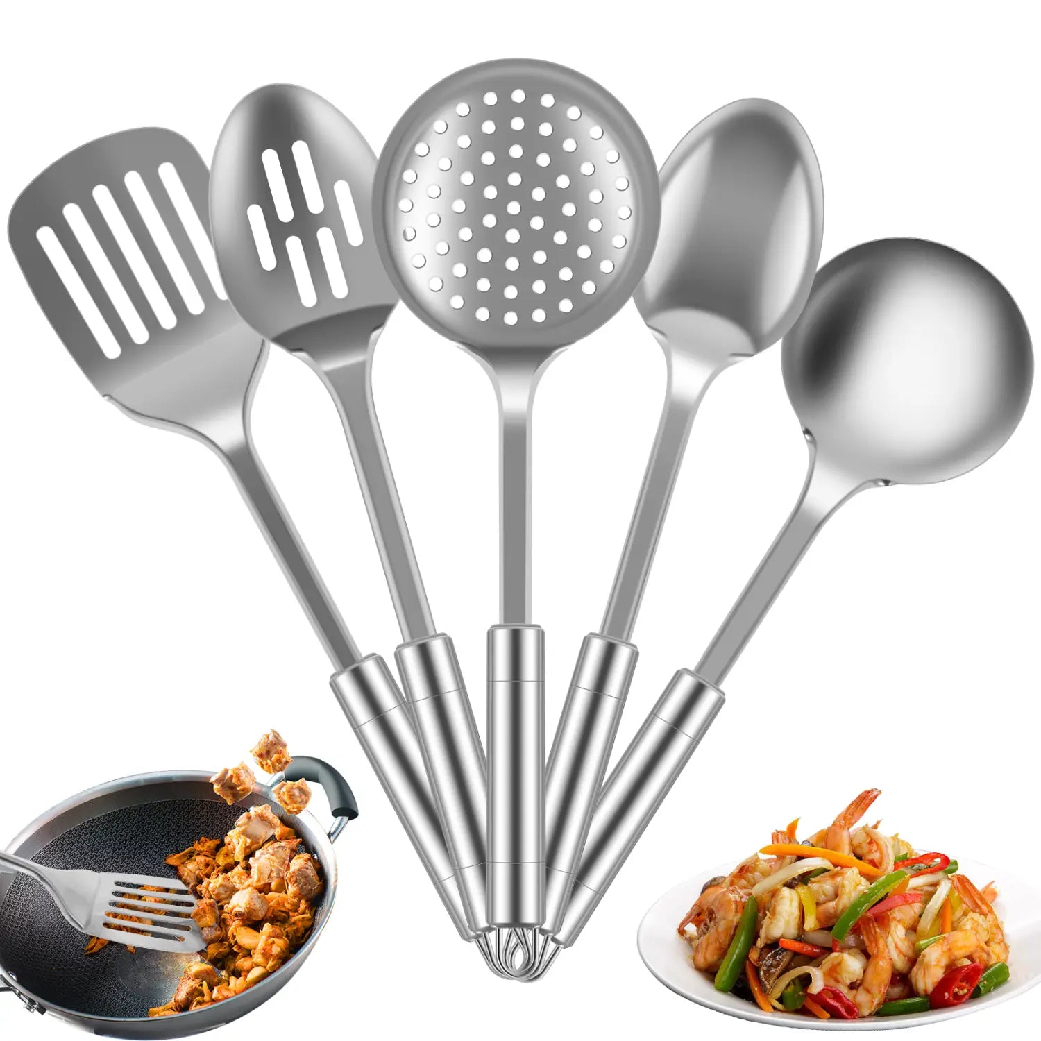 Set of five stainless steel cooking utensils including slotted spatula, solid spatula, perforated spoon, ladle, and serving spoon for versatile kitchen use.