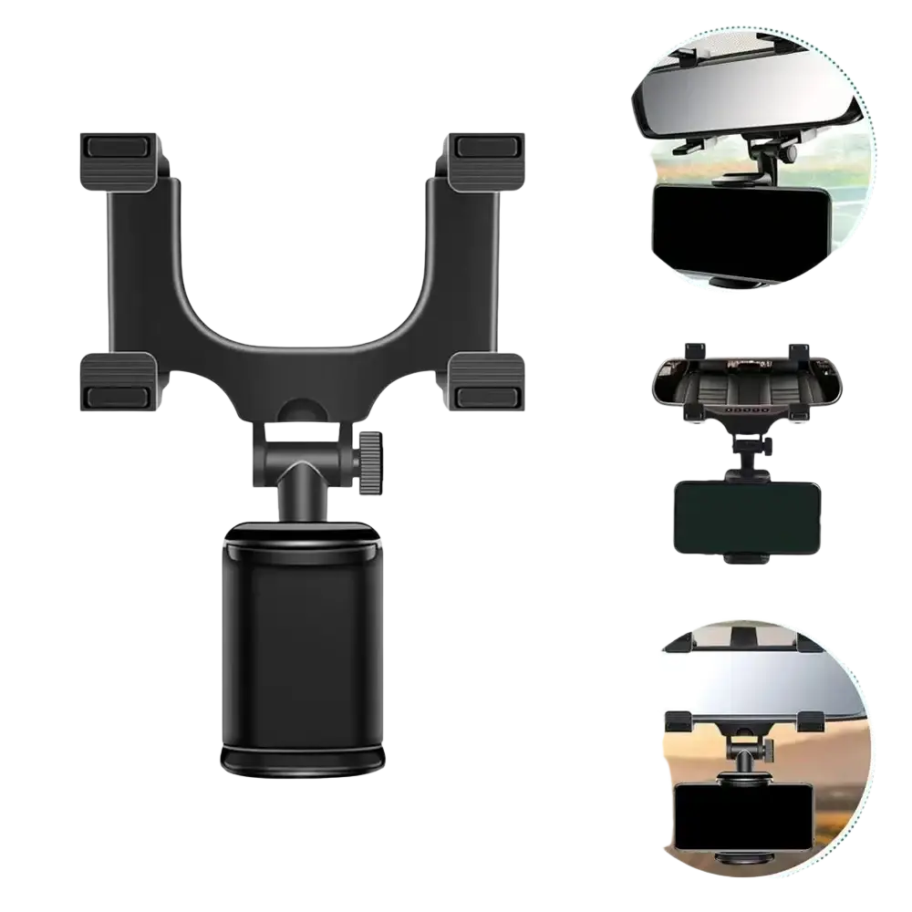 Black plastic 360 car phone holder with adjustable arms and suction cup base for rearview mirror mount use