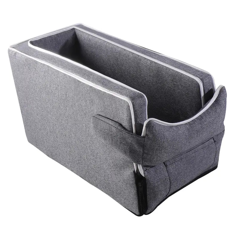 Gray textured fabric pet car console seat organizer with white trim and side pocket designed for small pets up to 5kg weight limit.