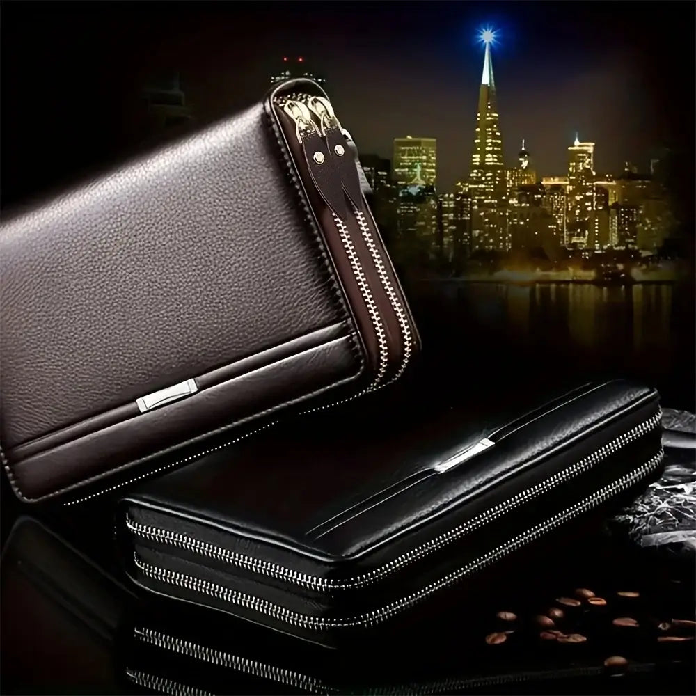 Porte-cartes de portefeuille long pour homme en cuir noir, avec fermetures à glissière argentées et une finition texturée élégante, comprenant une poche intérieure et plusieurs poches intérieures à emplacement.