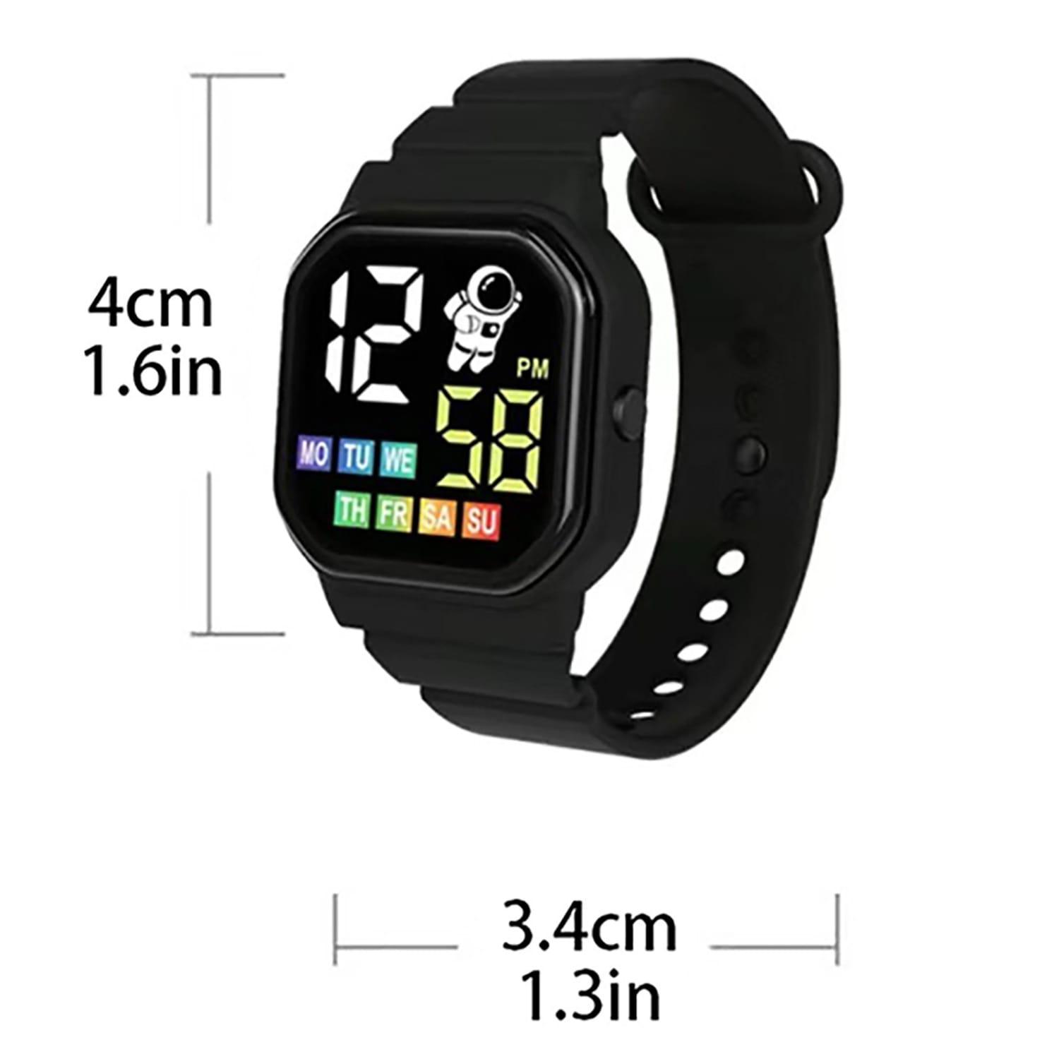 Black kids astronaut led digital watch with a square face and colorful led display showing time days of the week and an astronaut graphic on the screen.