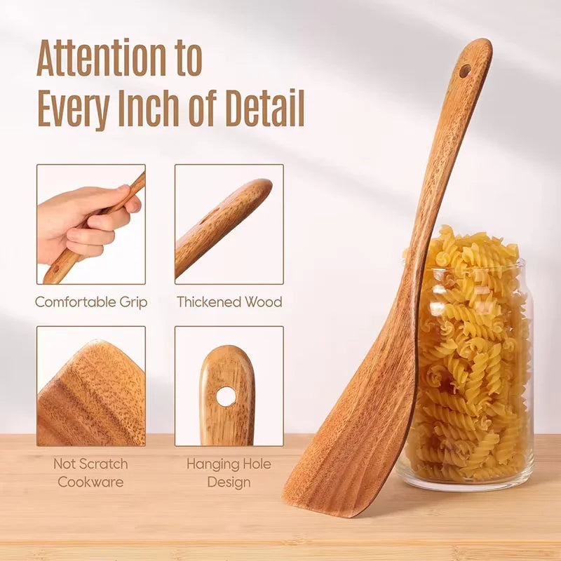 Wooden Kitchen Utensil Set Natural Acacia Wood Cooking Utensils Durable Kitchen Cookware Including Spoons Server Scraper Spatula