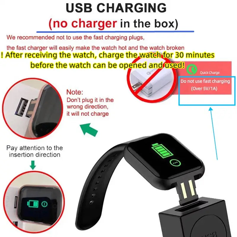 内蔵のUSB-Cポートを介してUSB充電ドックに接続され、長方形の画面上に緑のバッテリーアイコンおよびメニューアイコンを表示する、子ども用デジタルスポーツブレスレット型フィットネススマートウォッチ（ブラック）。