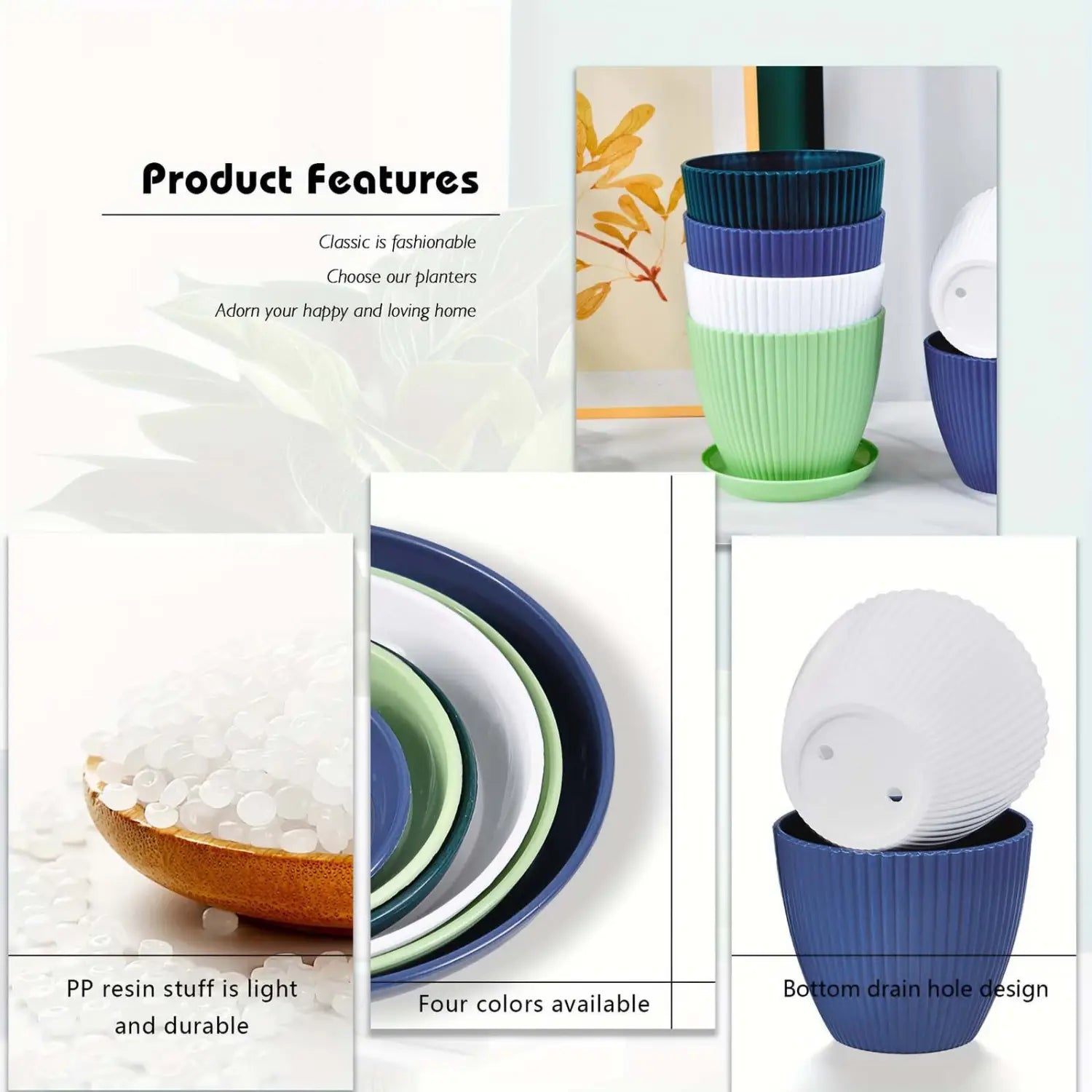 鮮やかな青緑および白の色合いでまとめた、受け皿付きリブ加工プラスチック製育苗ポットのスタック。