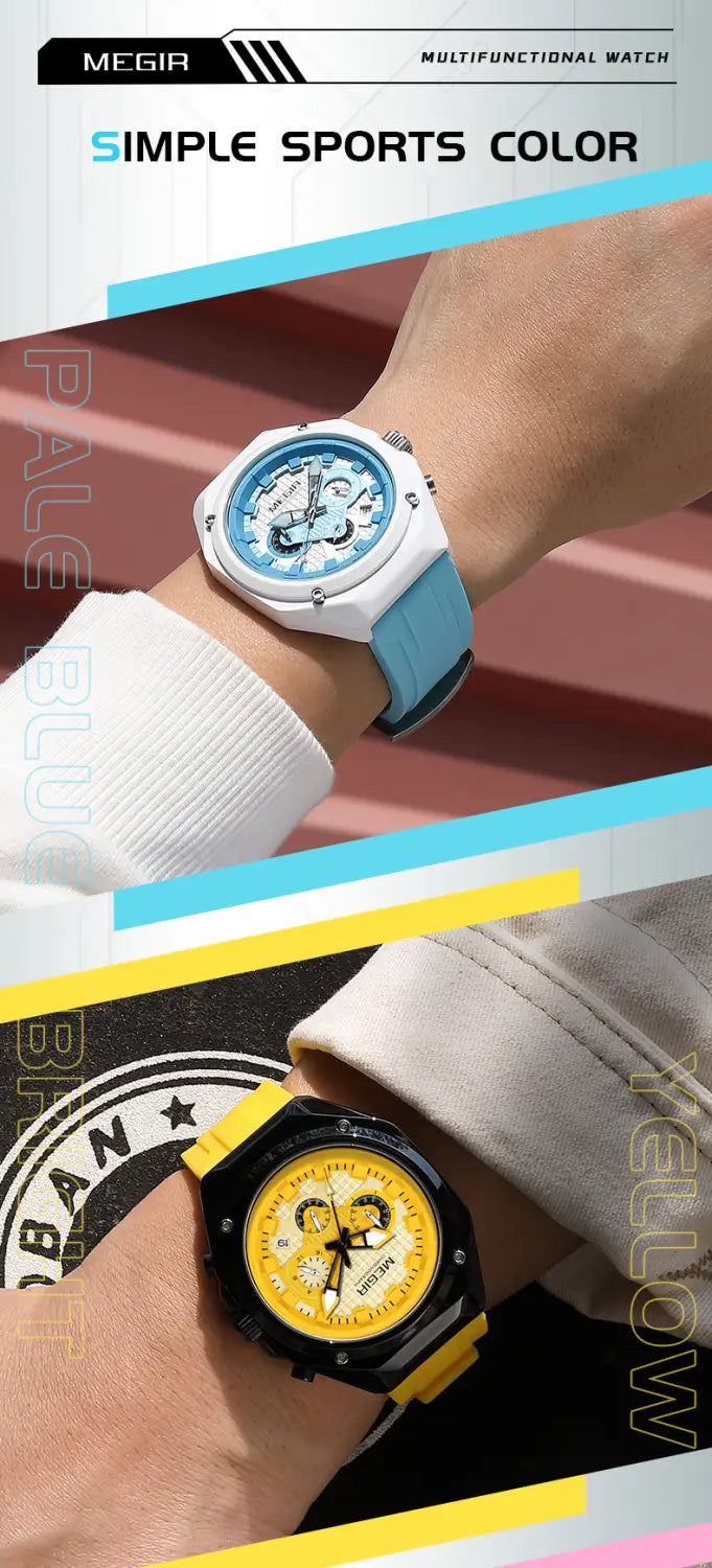 Megir sport chronograph watch with a white and light blue silicone strap and a skeleton dial design.