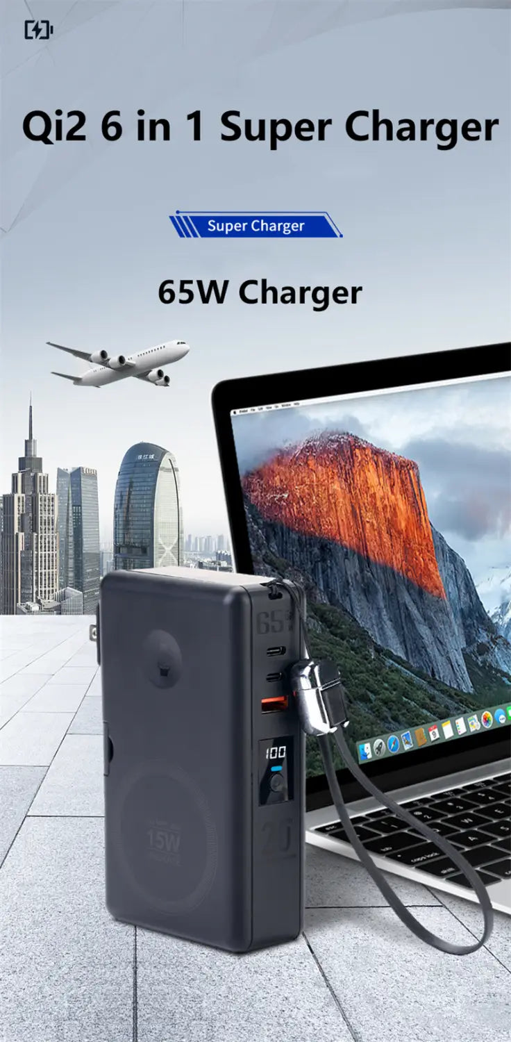 Black rectangular qi2 6-in-1 super charger power bank with multiple ports and wrist strap for magnetic wireless 20000mah 65w fast charging.