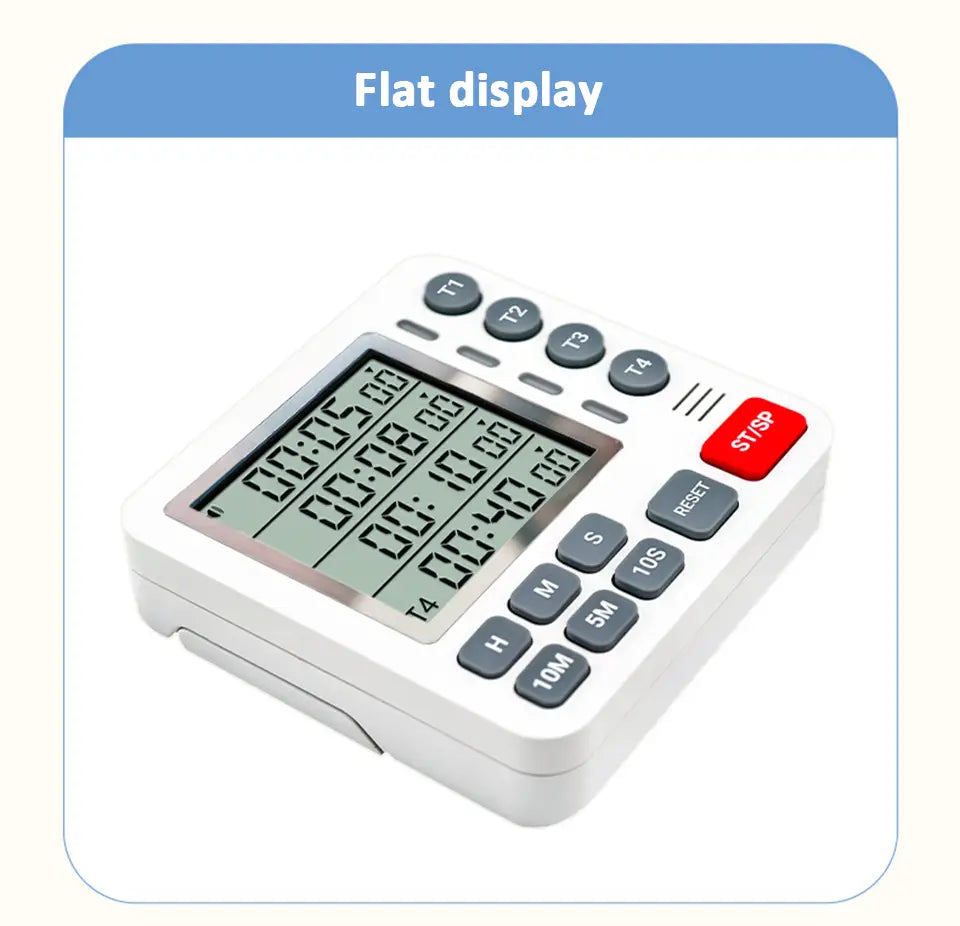 temporizador digital de cocina magnético de 4 canales en color blanco con pantalla plana que muestra cuatro temporizadores de cuenta atrás y varios botones de funciones, incluyendo un botón rojo de inicio y detención
