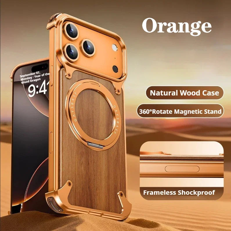 Eary Magnetic Wooden Case for iPhone 18 17 Pro Max Air for MagSafe Wireless Chargers 360°Rotate Stand Aluminum Solid Wood Shells