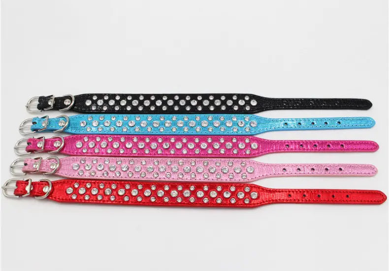 Fünf farbenfrohe Nietenbesetzte Hundehalsbänder in Schwarz, Blau, Rosa, Hellrosa und Rot mit glänzenden Kunstlederriemen und gleichmäßig verteilten Strasssteinen, ausgelegt für kleine Hunde und Katzen