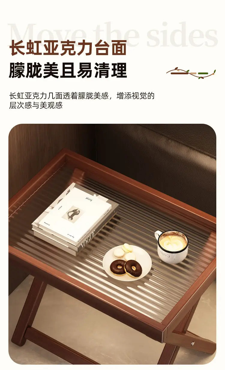 a foldable glass side table wood frame featuring a rectangular wooden tray with a dark brown frame and a transparent acrylic top with horizontal slats highlighting key product selling points
