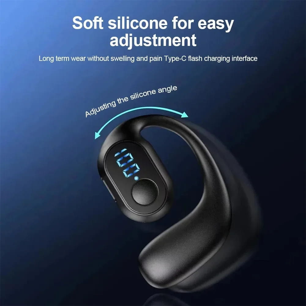 Écouteurs Bluetooth sans fil à crochet pour oreille en silicone noir, avec affichage LED et port de charge Type-C, visibles depuis l’arrière
