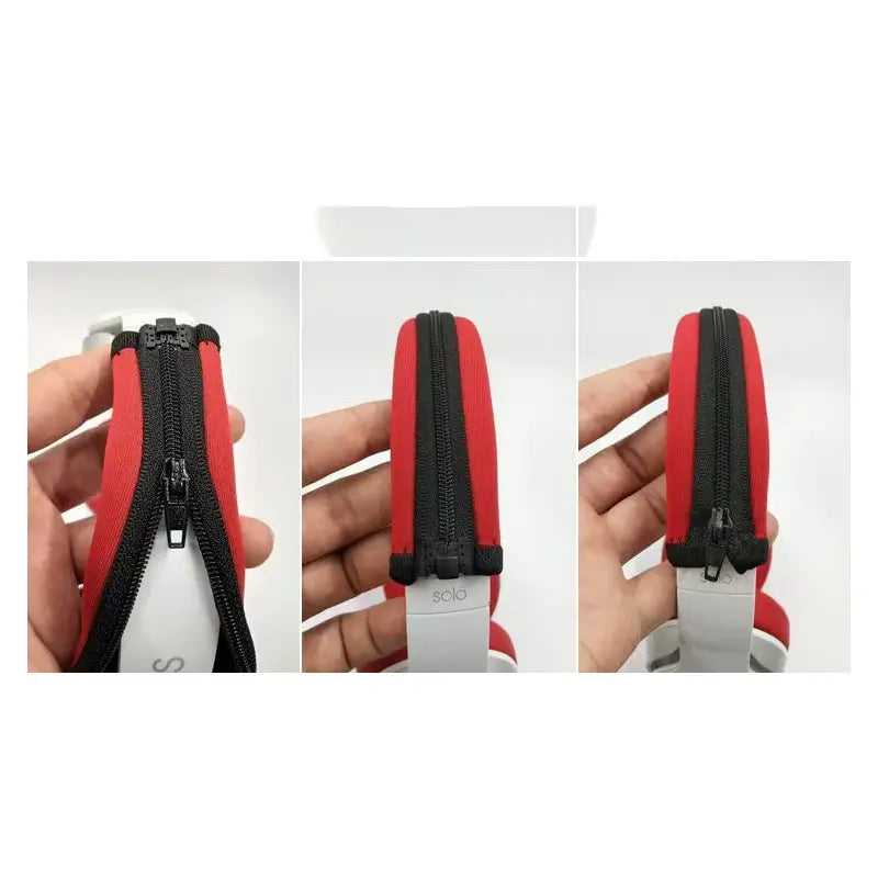 Red neoprene headphone headband cover with black trim and zipper cushion designed to fit over white Beats Solo headphones.