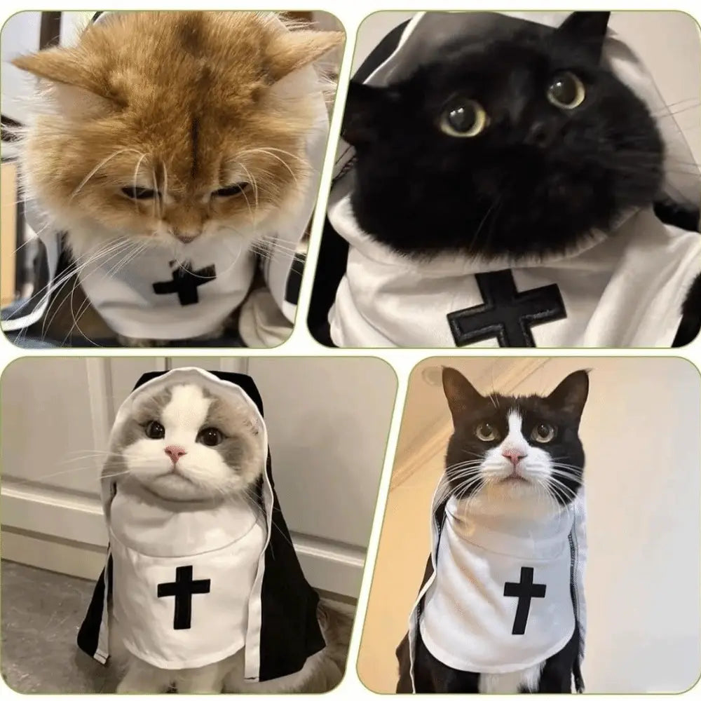 Gatos vestidos con un disfraz de monja con capucha para perro-gato mascota en blanco y negro, hecho de fibra de poliéster, con un emblema de cruz prominente en la parte frontal